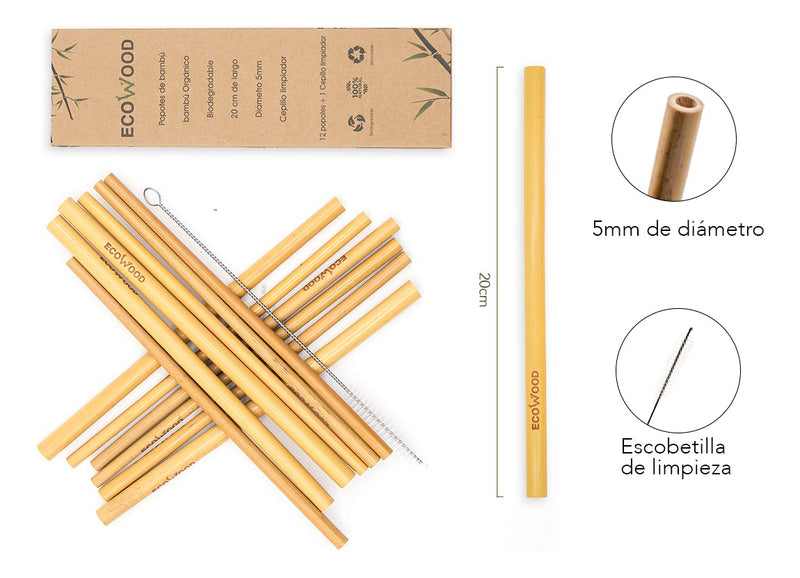 Ecowood Set 12 Popotes Bambú Ecológicos De Calidad + Limpia Pipas